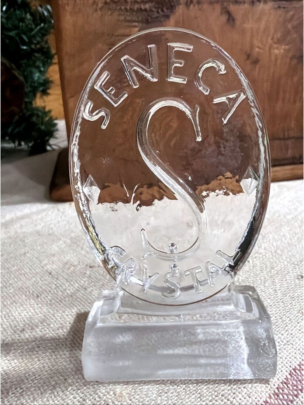 VTG Seneca Glass Crystal Counter Store Sign Display Paperweight Rare Advertising